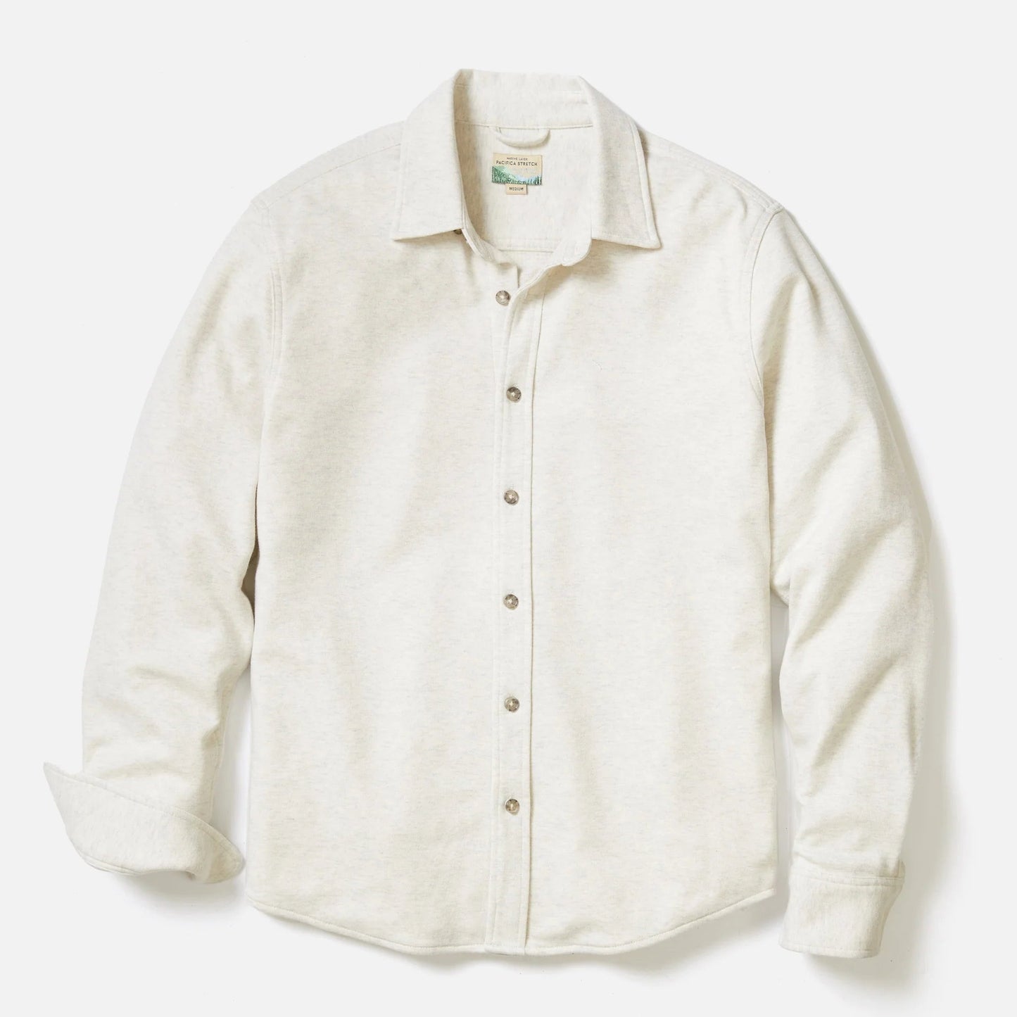 Marine Layer Men's Oatmeal Heather Pacifica Stretch Twill Shirt, available at Harbour Thread men's store in Burlington, VT