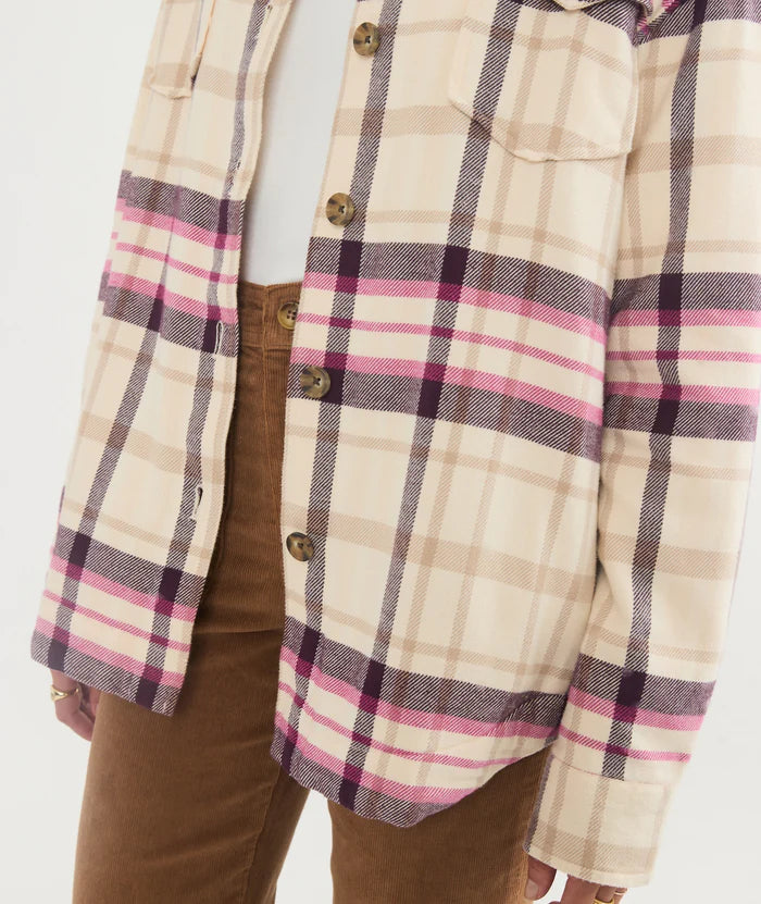Colors on the Bailey Flannel Shirt Jacket by Marine layer include muted pinks, purples and beige tones