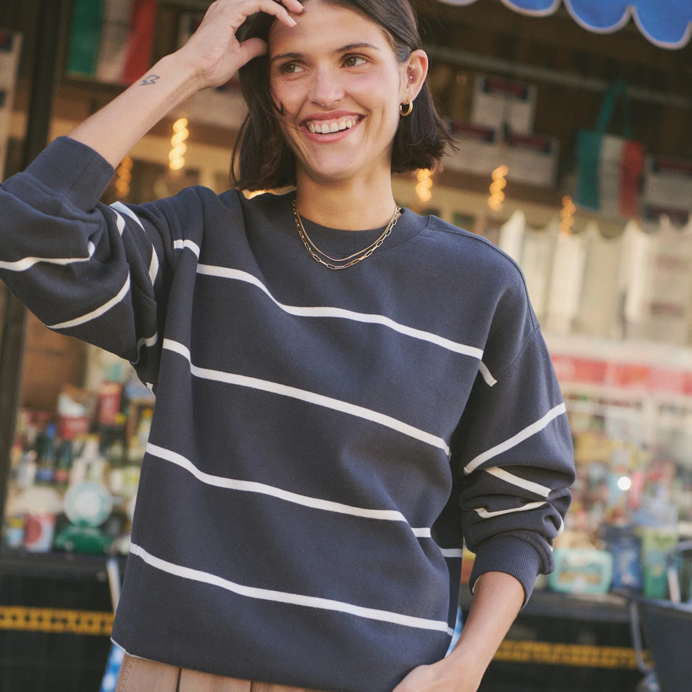 The Marine Layer Cloud 9 Fleece Oversized Crewneck is available at Harbour Thread boutique in the color Black/White Stripe.