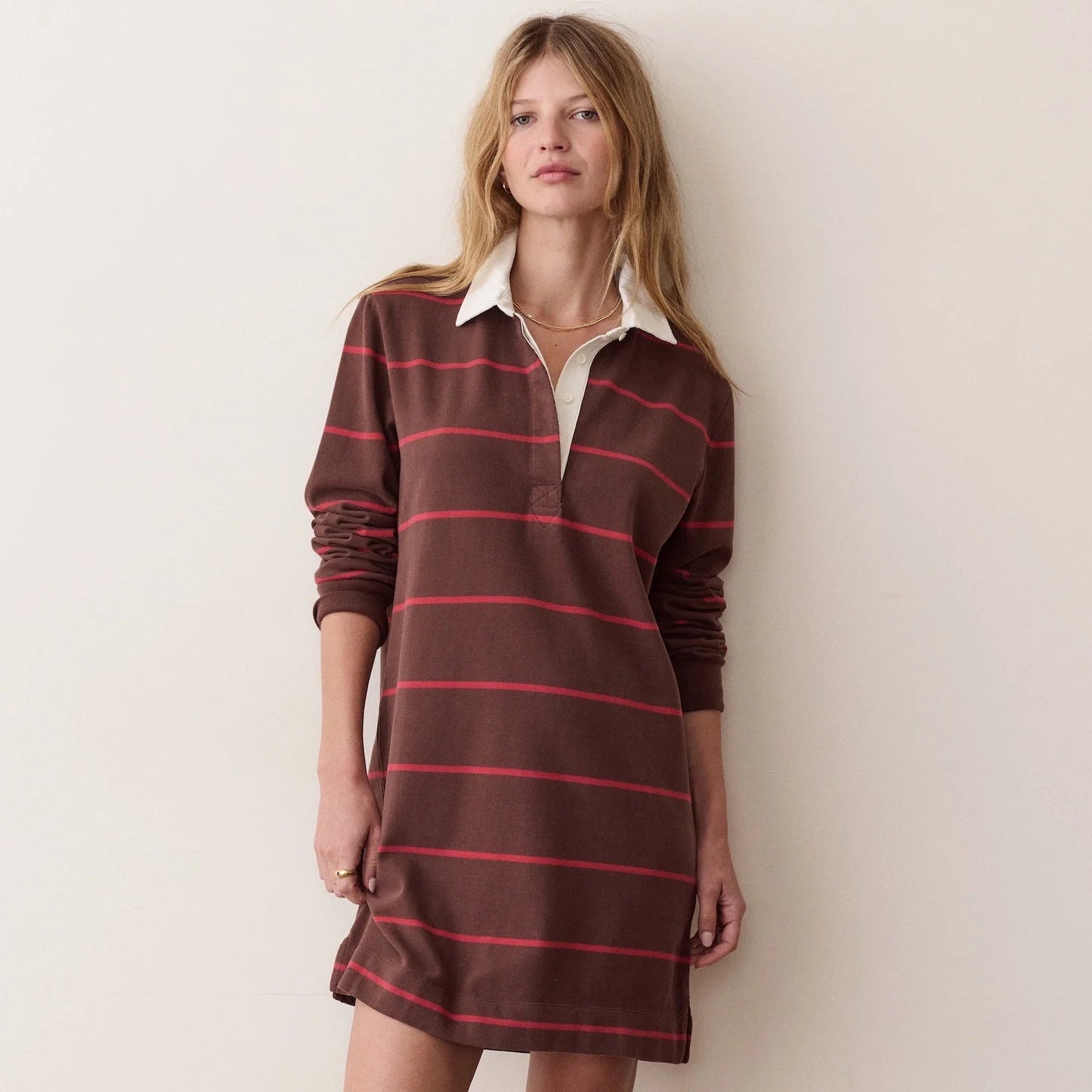 Marine Layer Maggie Rugby Mini Dress in Chocolate & Berry Stripe