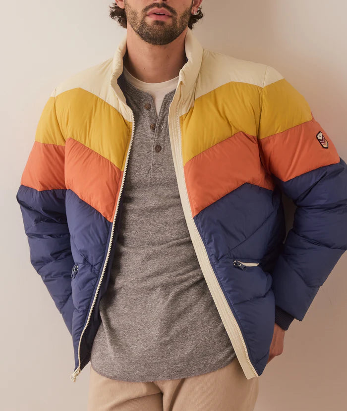 Marine Layer's Colorblock Puffer Jacket features front zip closure with zip pockets
