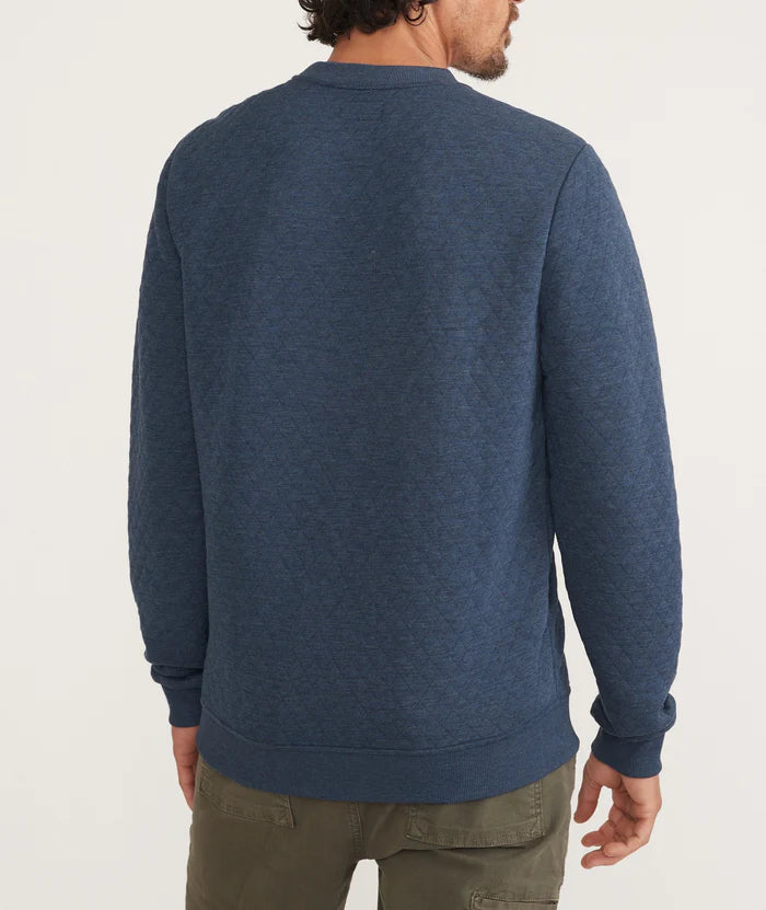 Back view of the Navy Heather Corbet Quilted Crewneck by Marine Layer