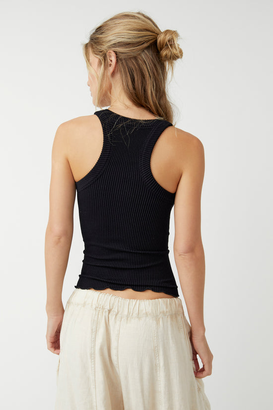 Back view of the Free People Ribbed Seamless Tank in the color Black