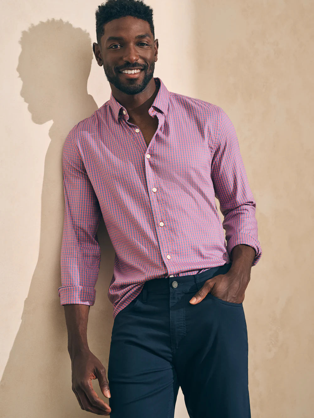 Front view of a man wearing the The Movement Shirt by Faherty in color Blue Rose Gingham