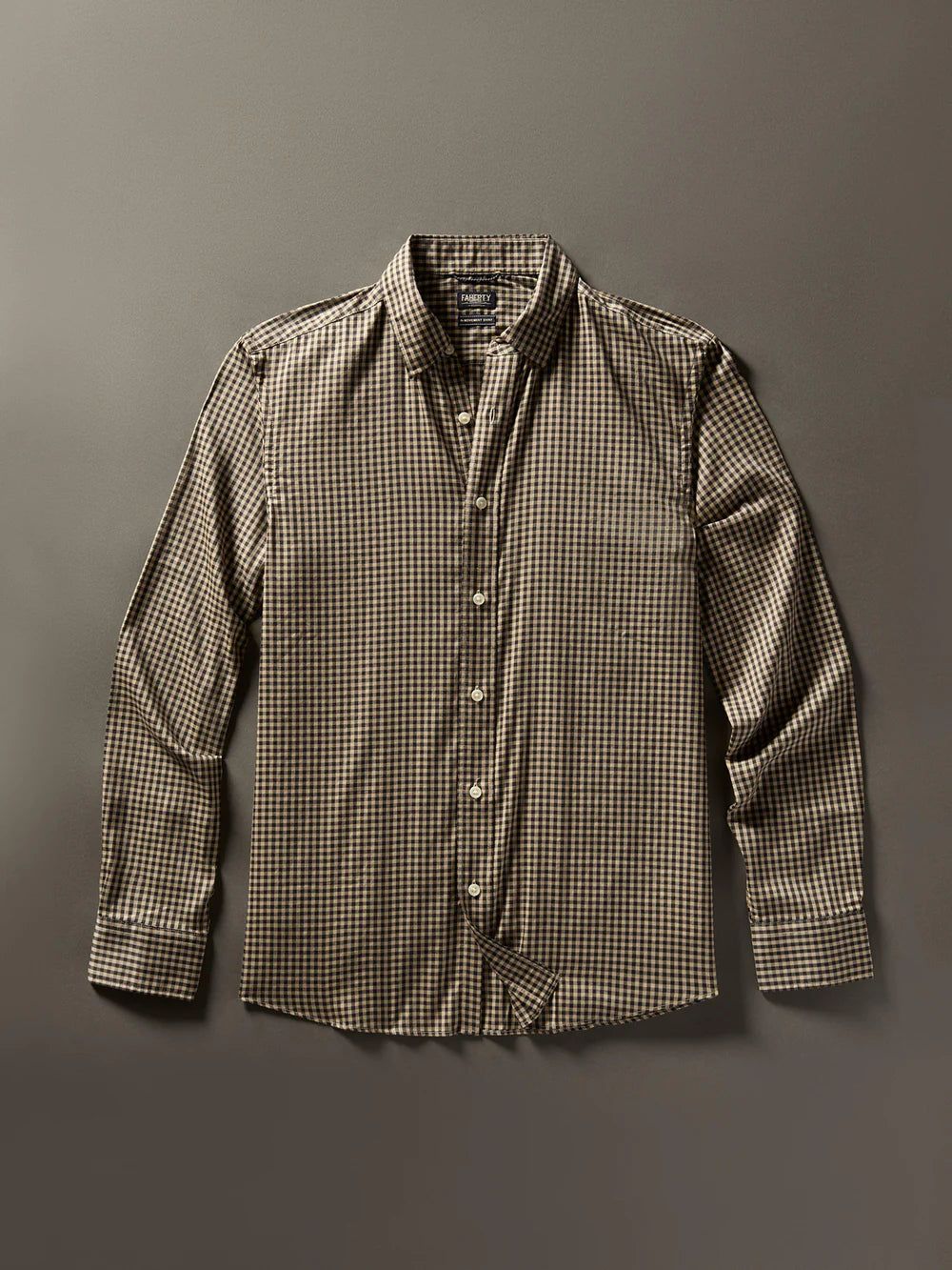 A flat lay of the Charcoal Tan Gingham Movement Shirt by Faherty