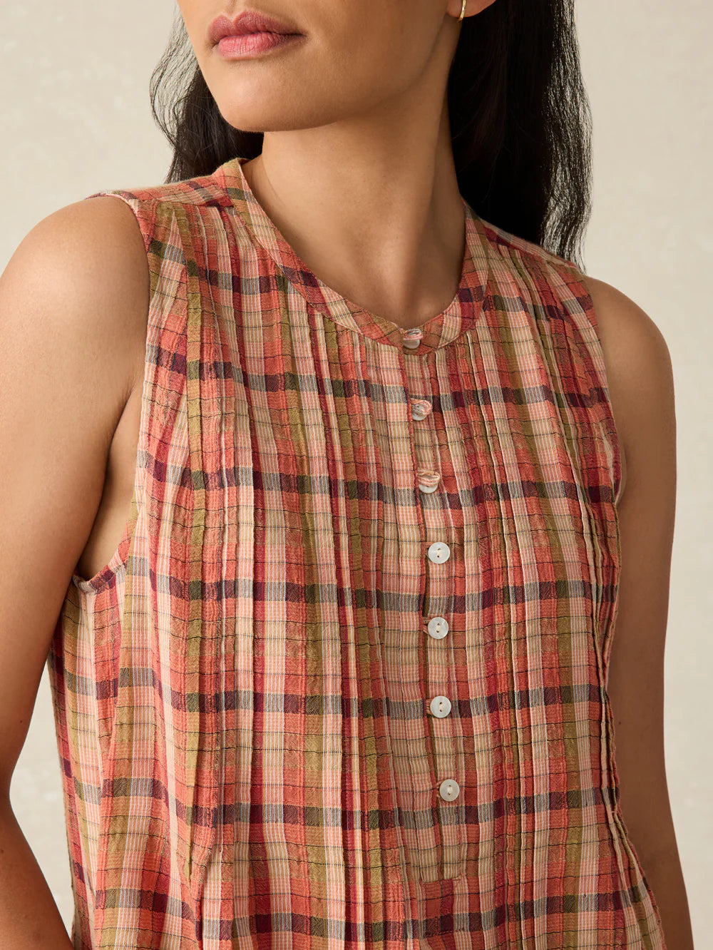 Front design detail on the Isha Gingham Sleeveless Mini Dress by Faherty