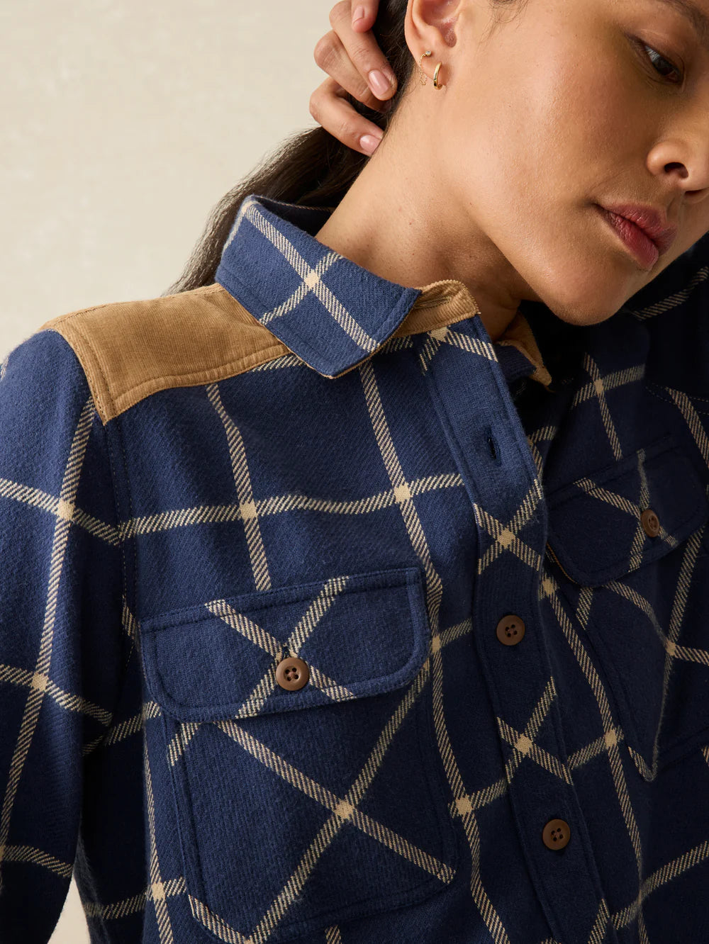 Design detail on the Navy Olivia Plaid Daly Shirt by Faherty