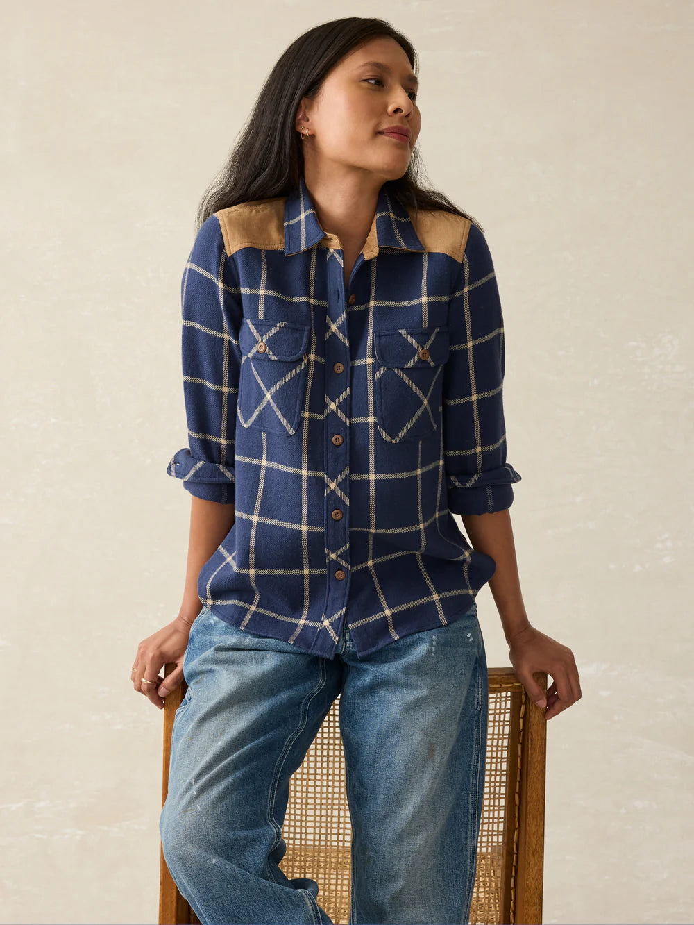 Front view of a woman wearing the Navy Olivia Plaid Daly Shirt by Faherty