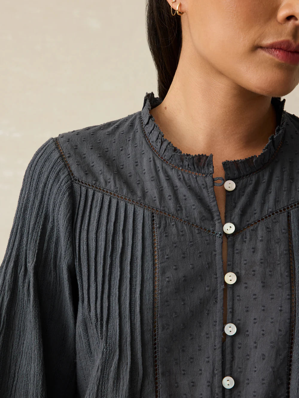 Front design detail on the Washed Black Lily Top by Faherty