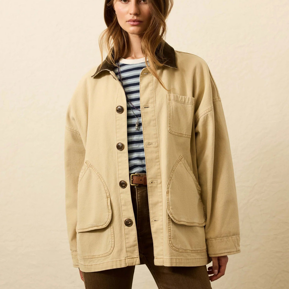 
                      
                        Crafted from sturdy yet softened cotton, this work-wear inspired jacket offers a charming vintage feel. Find yours today at Harbour Thread in Burlington, VT. 
                      
                    