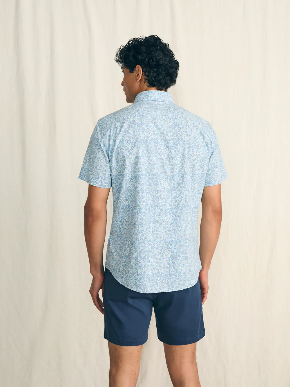 Back view of the South Pacific Geo Short Sleeve Stretch Playa Shirt by Faherty