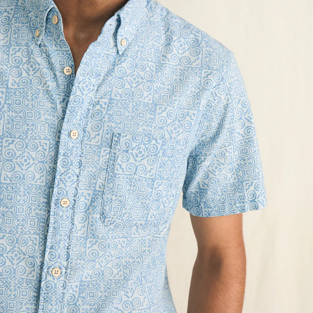 
                      
                        Front design detail on the South Pacific Geo Short Sleeve Stretch Playa Shirt by Faherty
                      
                    