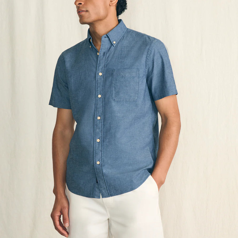 
                      
                        Front view of the Weathered Blue Short Sleeve Stretch Playa Shirt by Faherty
                      
                    