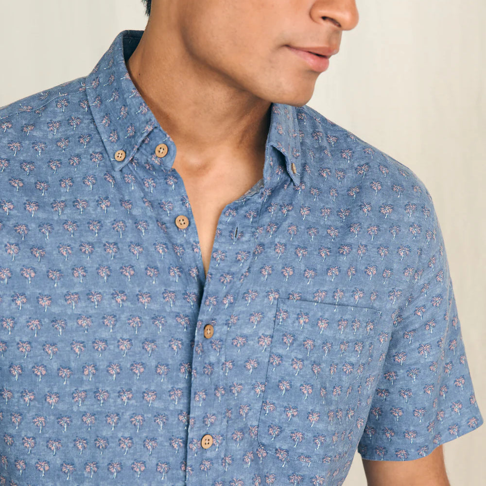 
                      
                        Front design detail on the Paradise Palm Short Sleeve Breeze Shirt by Faherty
                      
                    