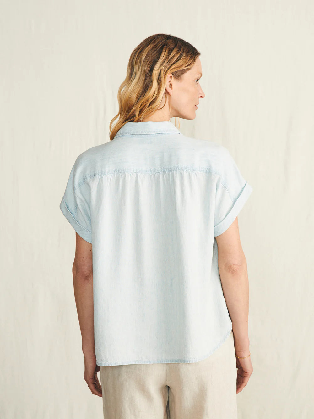 Back view of the Icy Blue Wash Breeze Shirt by Faherty