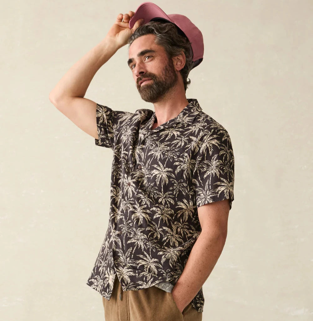 The Charcoal Tropic Trees Short Sleeve Hemp Blend Camp Shirt by Faherty