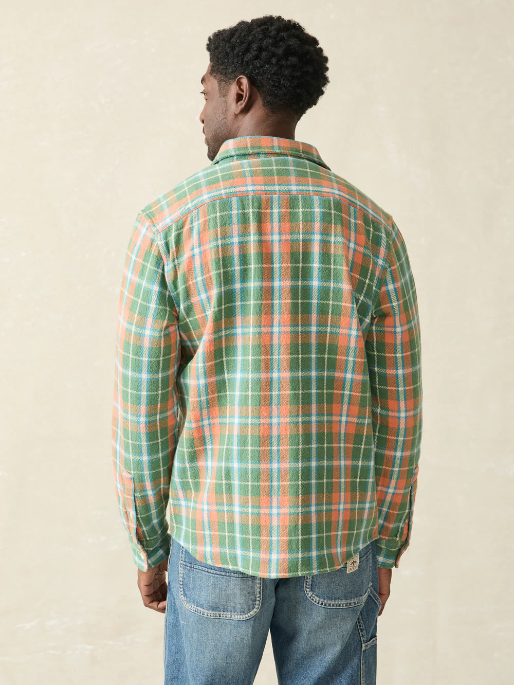 Back view of the Forest Hollow Plaid Surf Flannel Shirt by Faherty