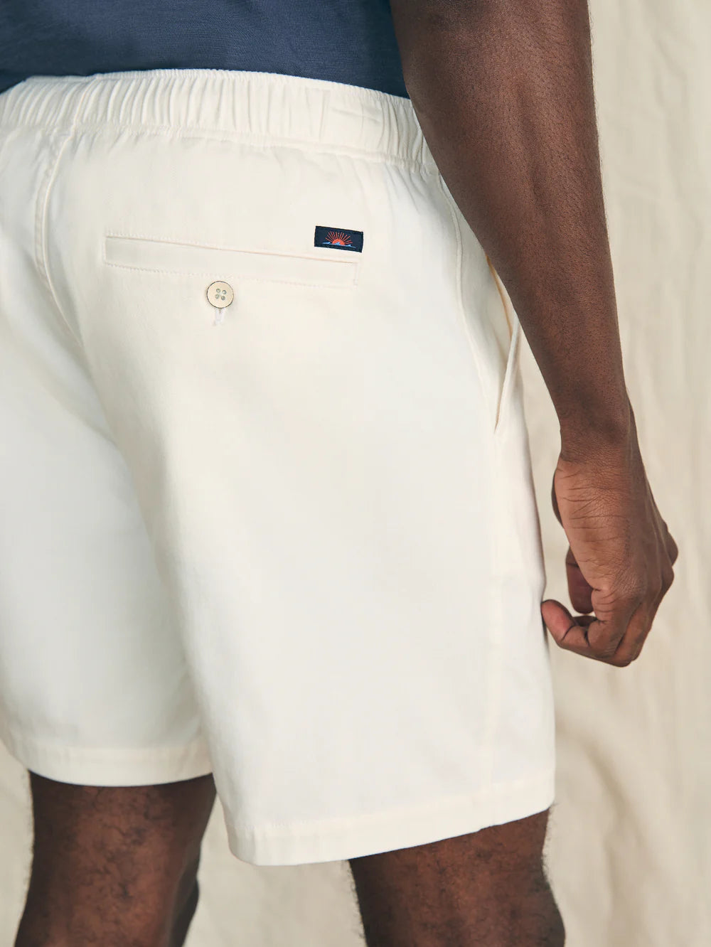 Back detail on the Solar White Essential Drawstring Shorts by Faherty
