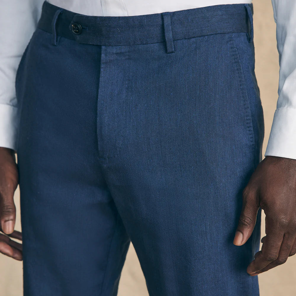 
                      
                        Front detail on the Navy Movement Flex Linen Trousers by Faherty
                      
                    