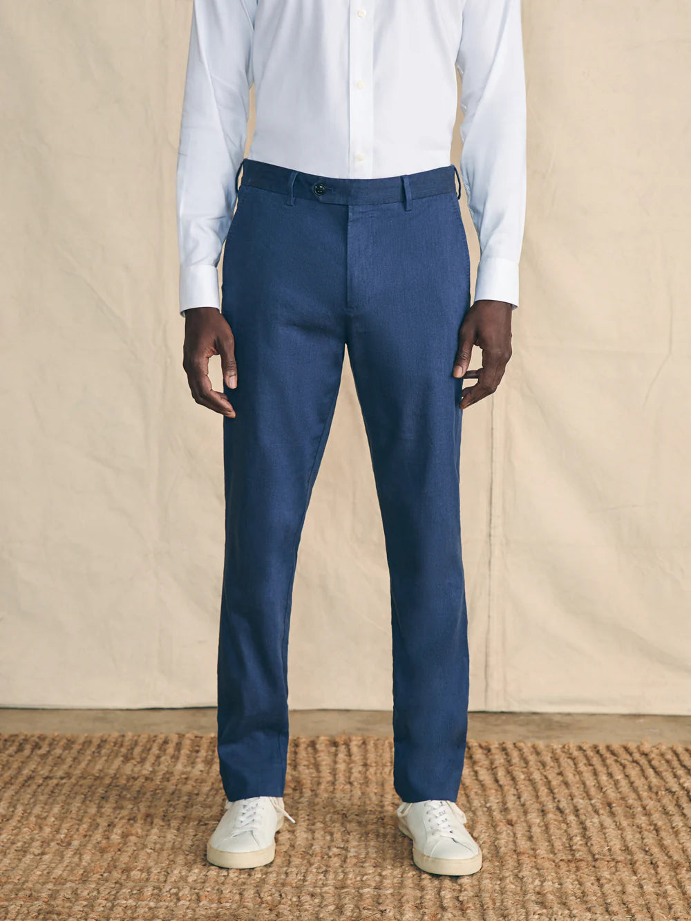 The Navy Movement Flex Linen Trousers by Faherty