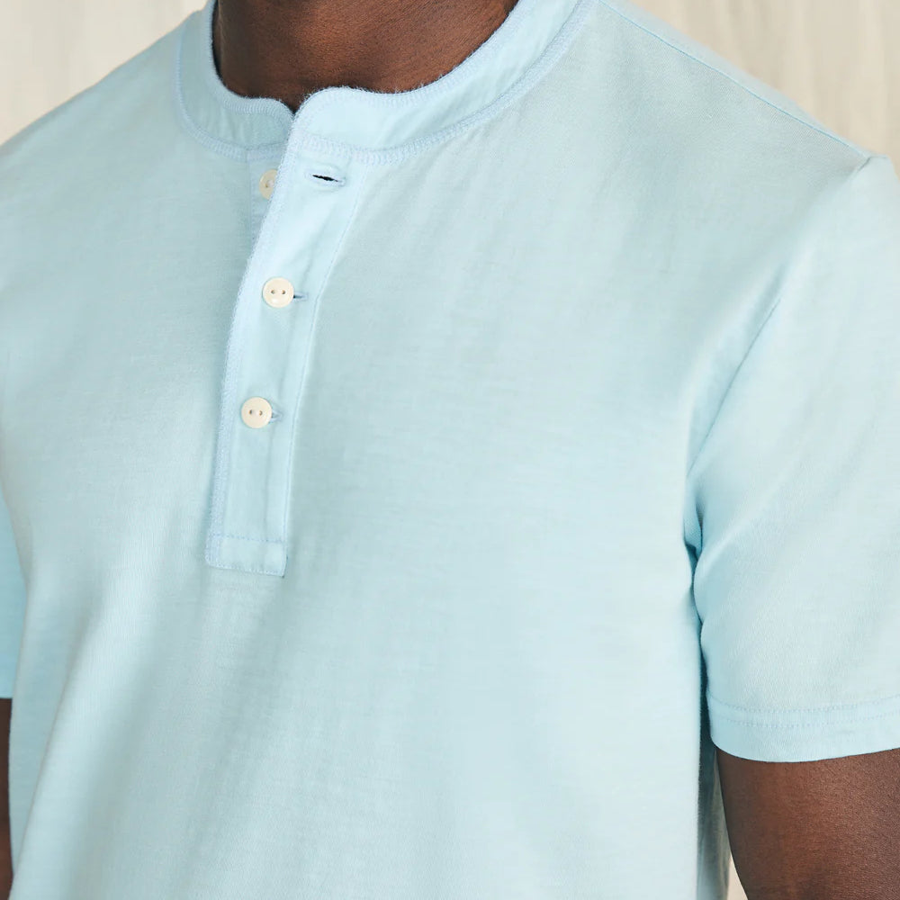 
                      
                        Front detail on the Blue Oasis Short Sleeve Sunwashed Henley by Faherty
                      
                    