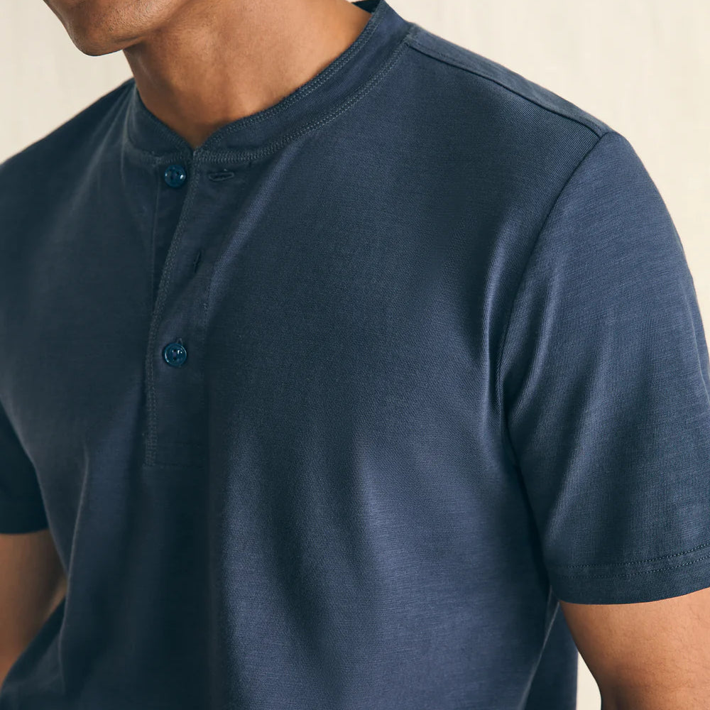 
                      
                        Front detail on the Navy Blue Short-Sleeve Sunwashed Henley by Faherty
                      
                    