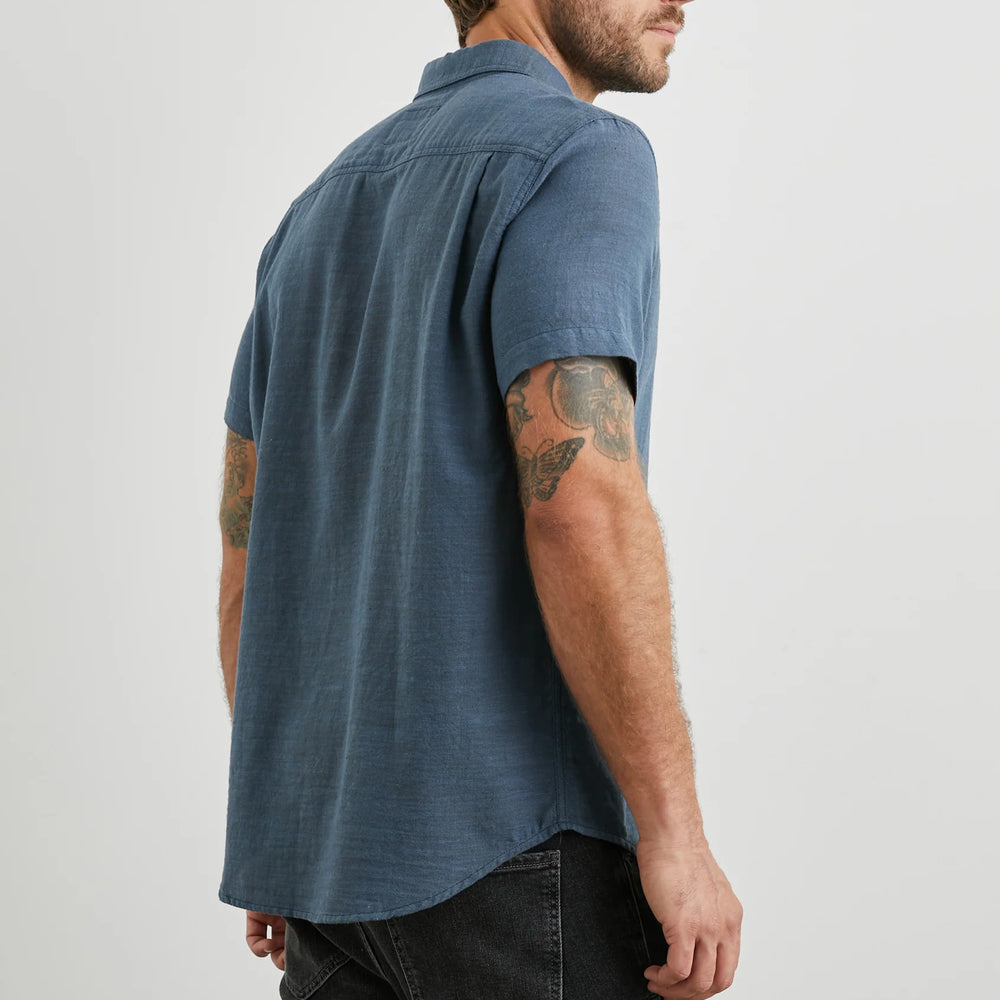 Back view of the Sea Blue Fairfax Short Sleeve Button Up Shirt by Rails