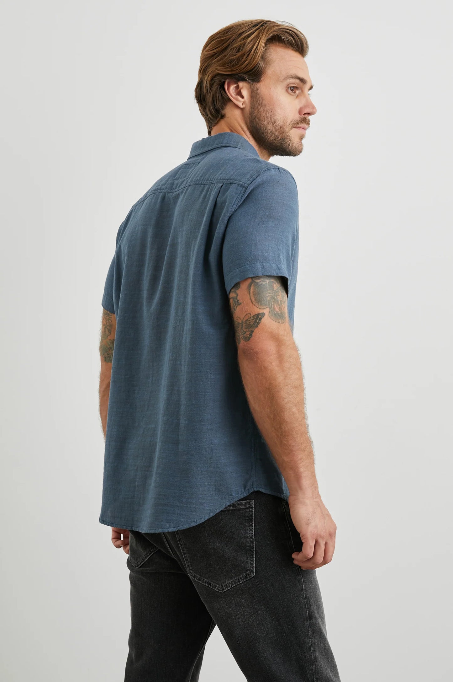 Back view of the Sea Blue Fairfax Short Sleeve Button Up Shirt by Rails