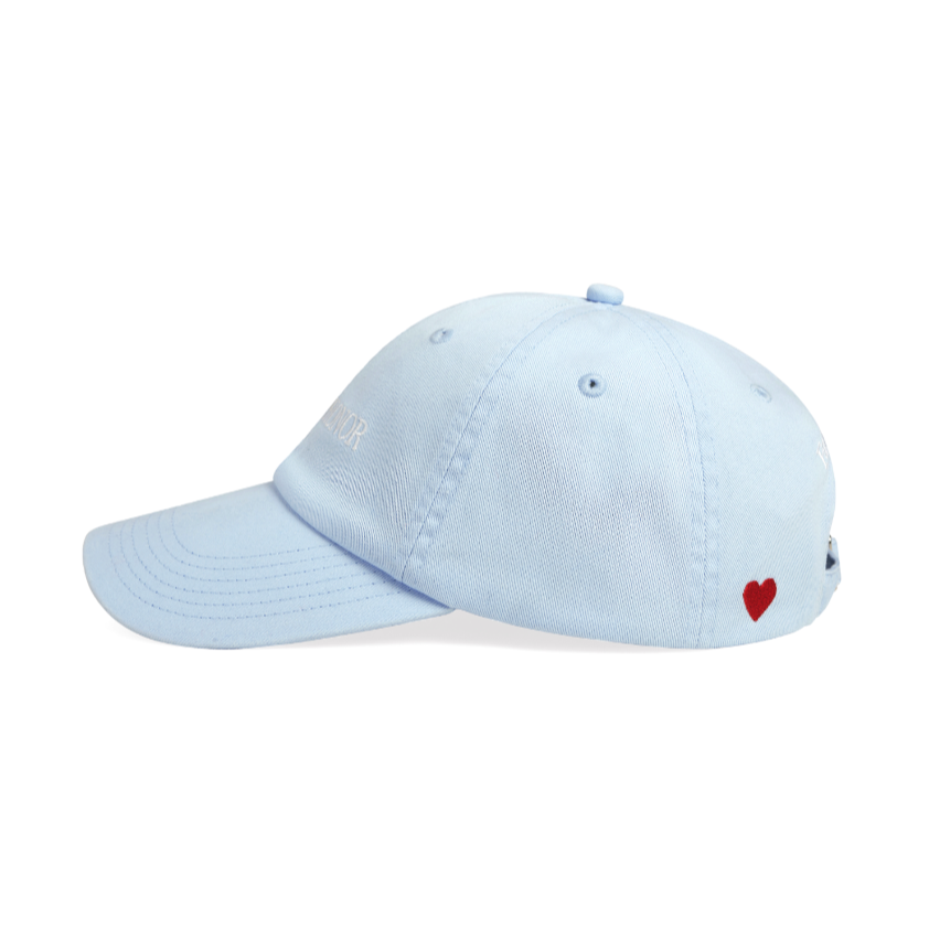Women's light blue baseball hat with red heart embroidery
