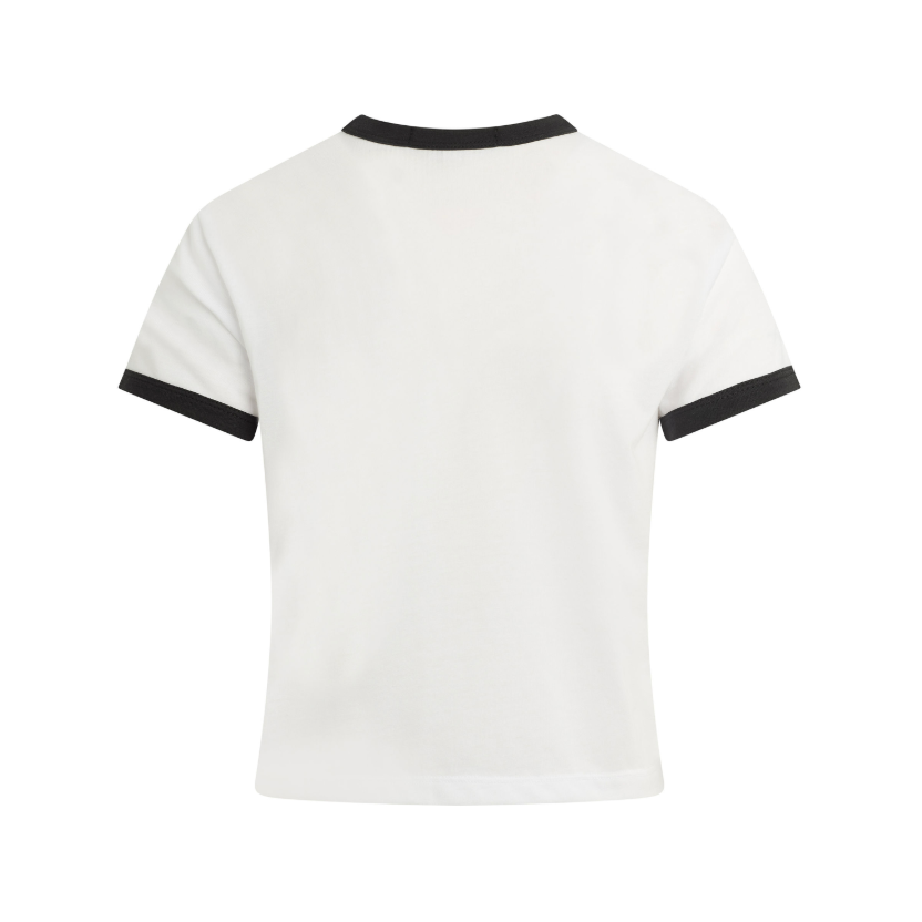 White t-shirt with black trim on a white background