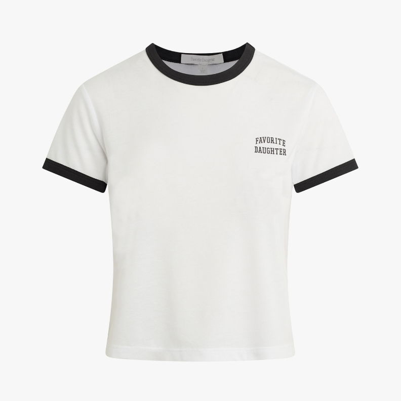 White Favorite Daughter t-shirt with black ringer design on a white background