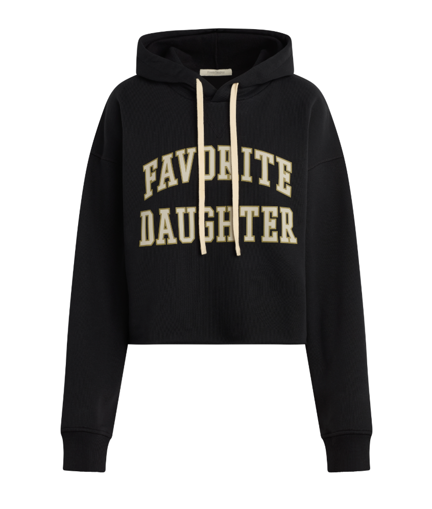 Black, cropped hoodie with 'Favorite Daughter' front branding