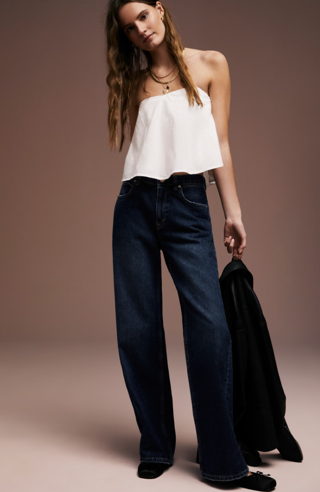 Front view of the dark wash Tinsley Baggy High Rise Jeans by Free People