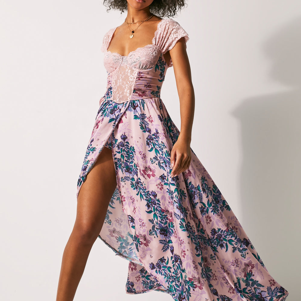 Front view of Free People's lace and floral print Maxi Bodysuit