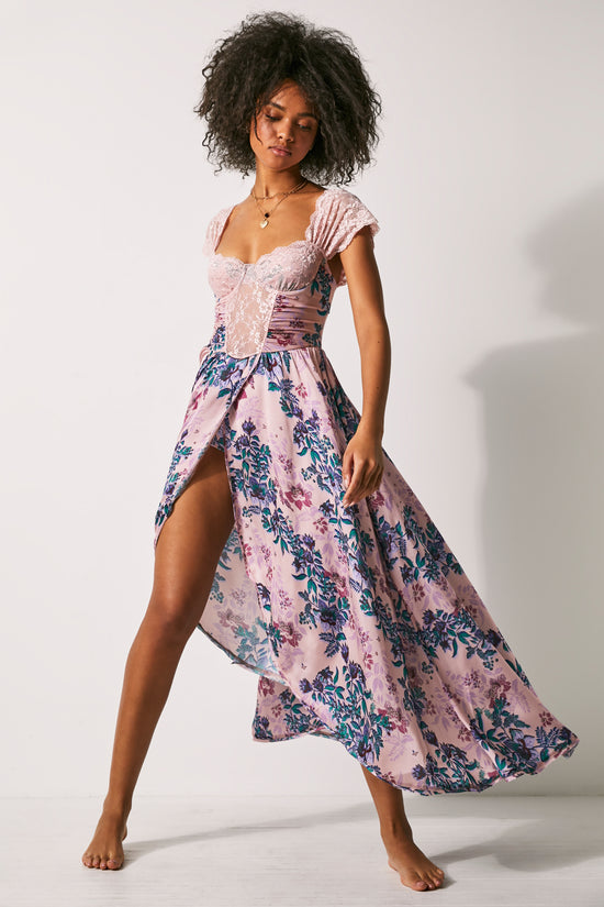 Front view of Free People's lace and floral print Maxi Bodysuit