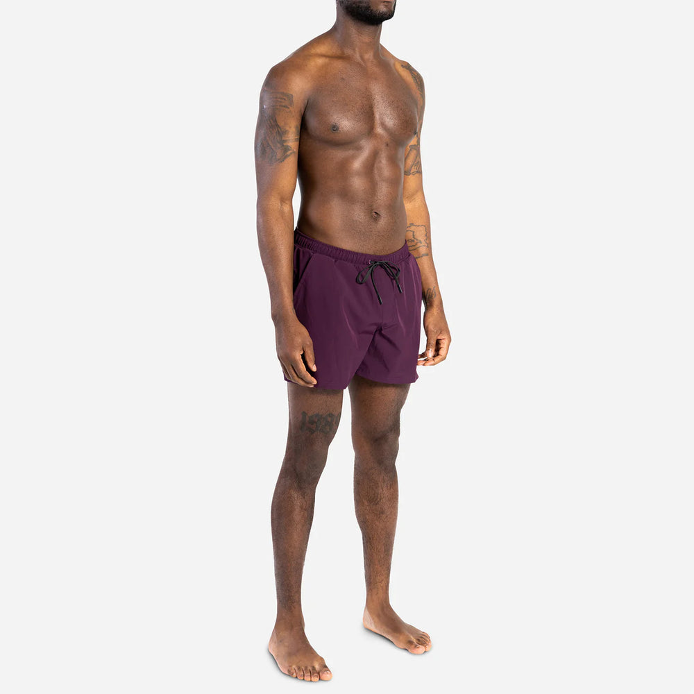 
                      
                        Man wearing the 5" Agua Volley men's swim short in the color Cabernet by BN3TH
                      
                    