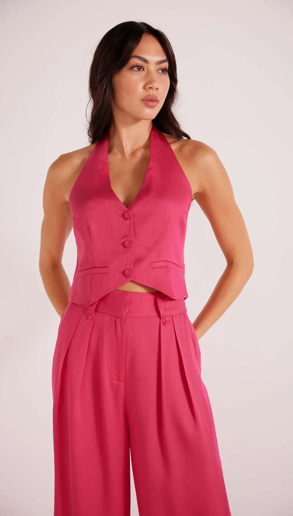 Front view of the pink Fabella Halter Vest by MINKPINK