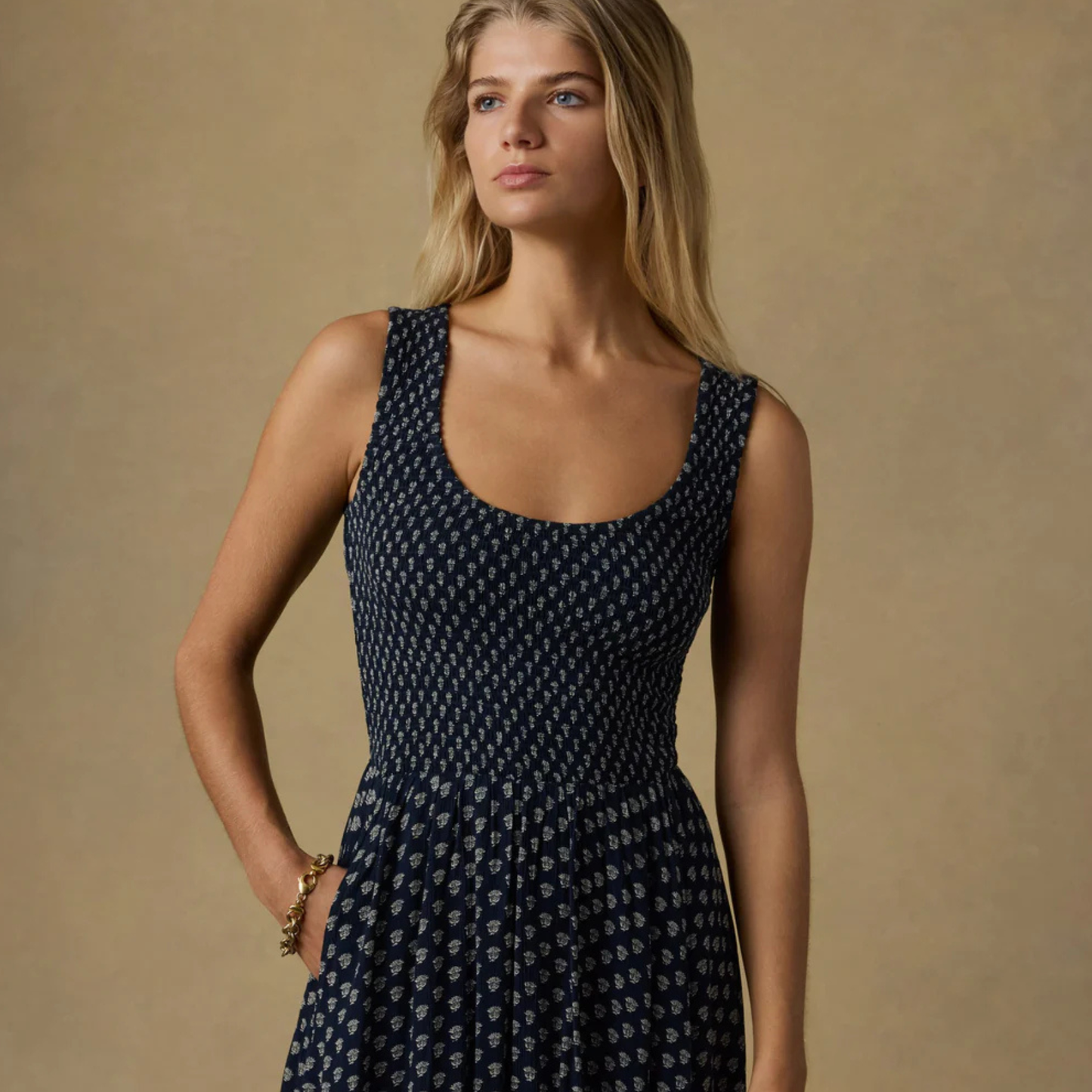 Faherty Sophia Smocked Dress in Navy Lotus Floral