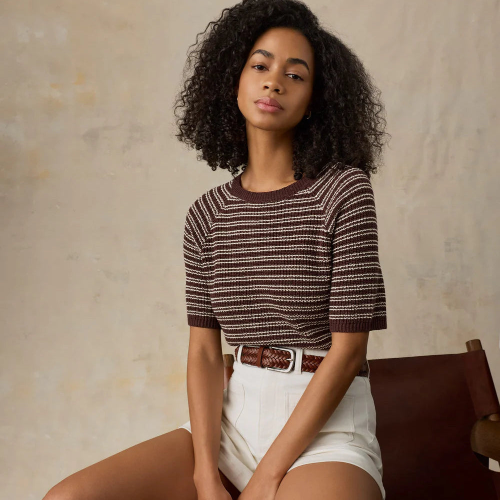 Faherty Miramar Linen Tee in Mocha Stripe, now available at Harbour Thread boutique.