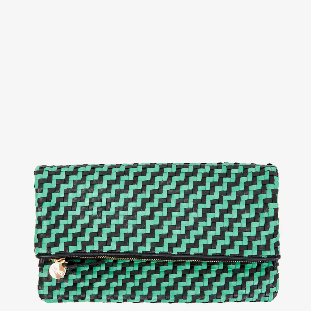 The mint opal and black woven zig zag foldover clutch by Clare V.