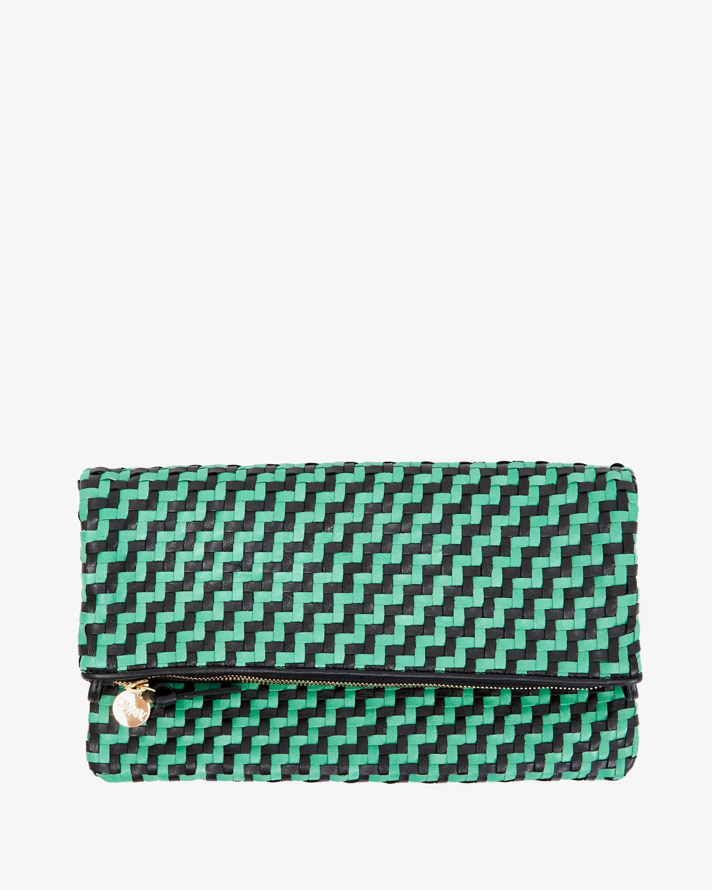 The mint opal and black woven zig zag foldover clutch by Clare V.