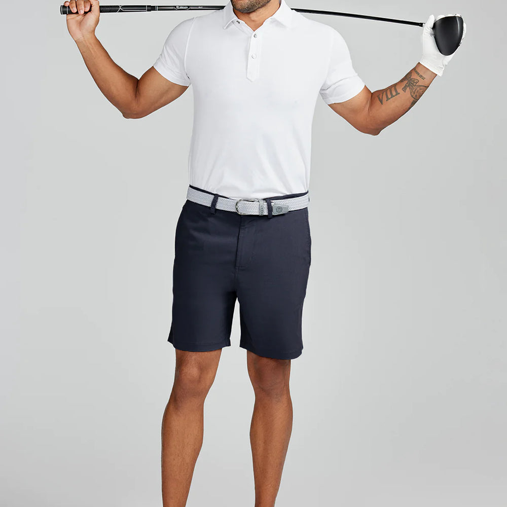 
                      
                        Full length view of a man wearing the Classic Navy Motion 7" Men's Short by Tasc Performance
                      
                    