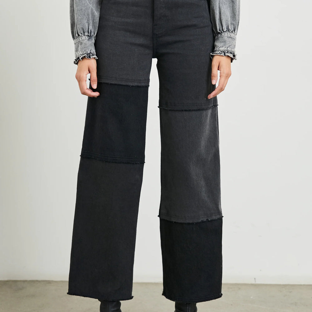 
                      
                        Women's cropped patchwork jeans from Rails offer a high waisted fit with a wide leg silhouette
                      
                    