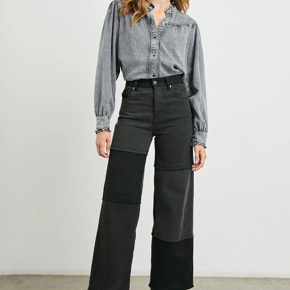 The Getty Crop is a high waisted, wide leg women's jean from Rails with a cropped inseam and patchwork design.