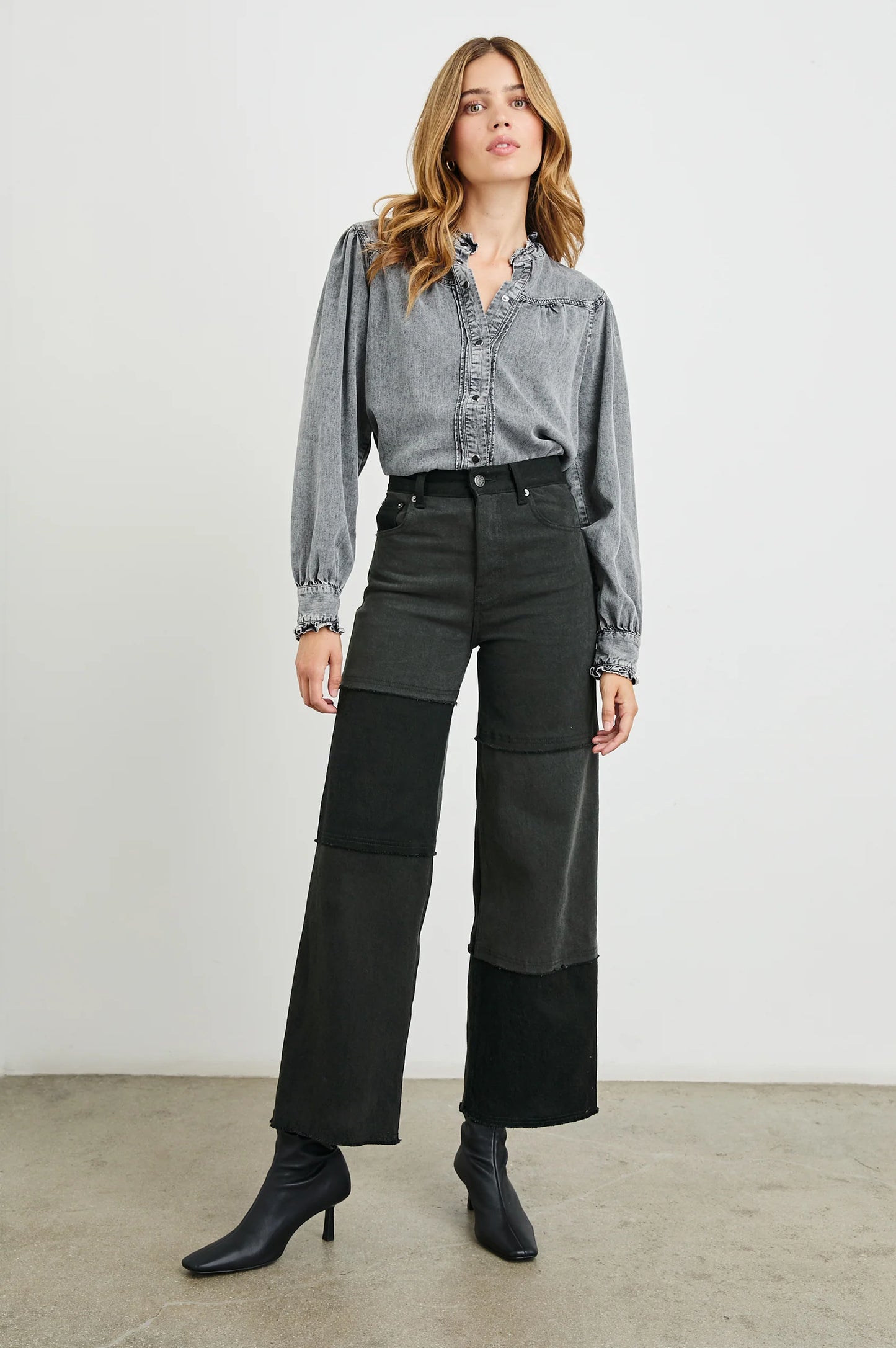 The Getty Crop is a high waisted, wide leg women's jean from Rails with a cropped inseam and patchwork design.