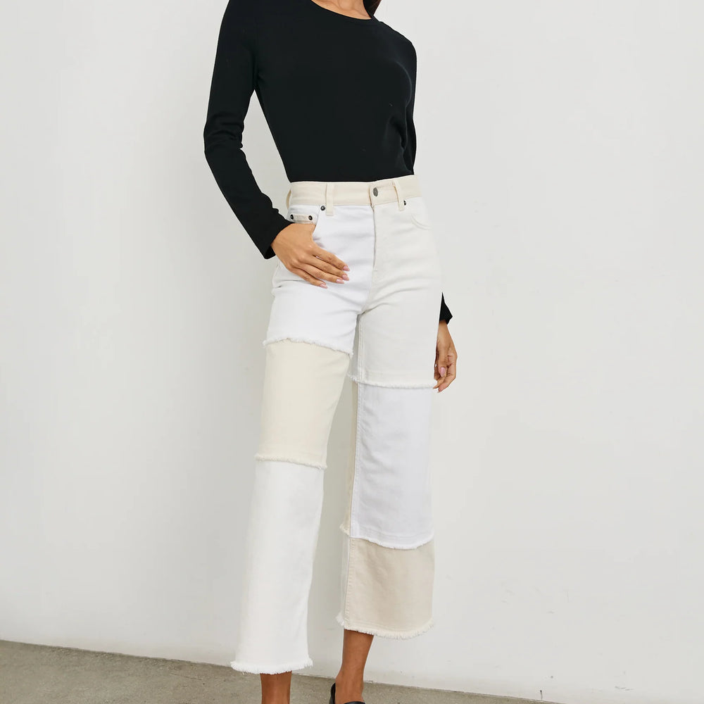 A woman wearing an outfit styled with the Getty Crop Wide Leg Women's Jeans by Rails in the color Ecru Patchwork