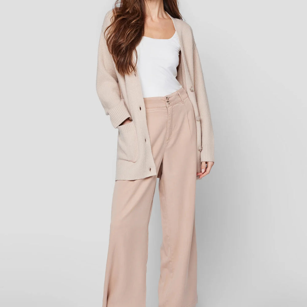 Front view of woman wearing the Tan colored Sabine Wide Leg Trouser Pants by Gentle Fawn