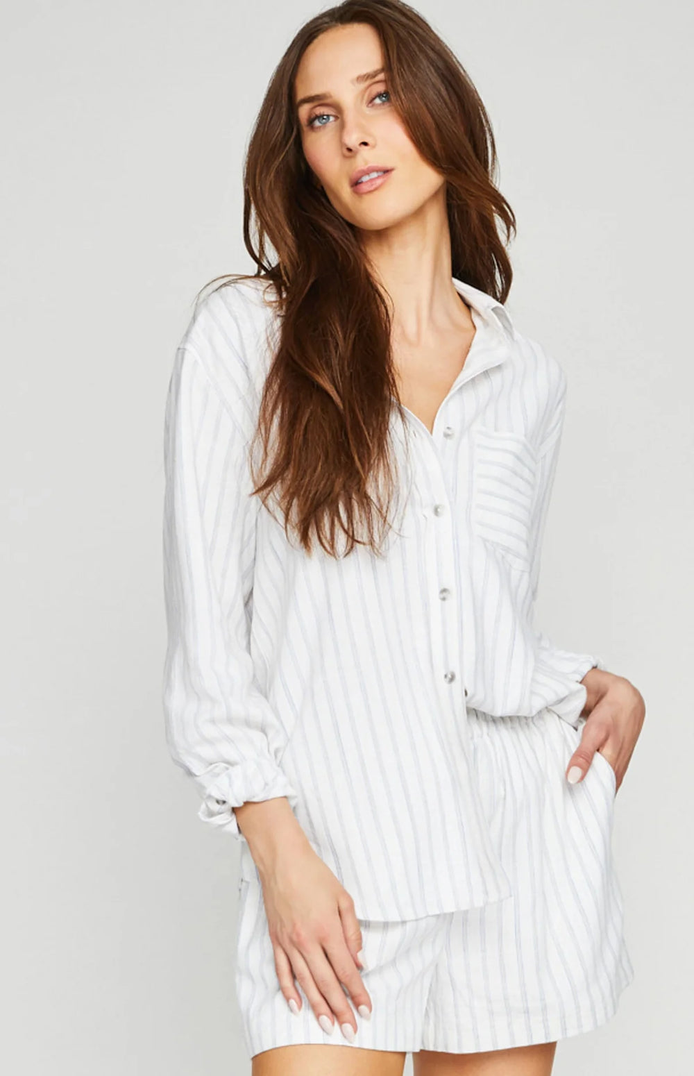 Front view of the striped Portia Button Down Shirt by Gentle Fawn