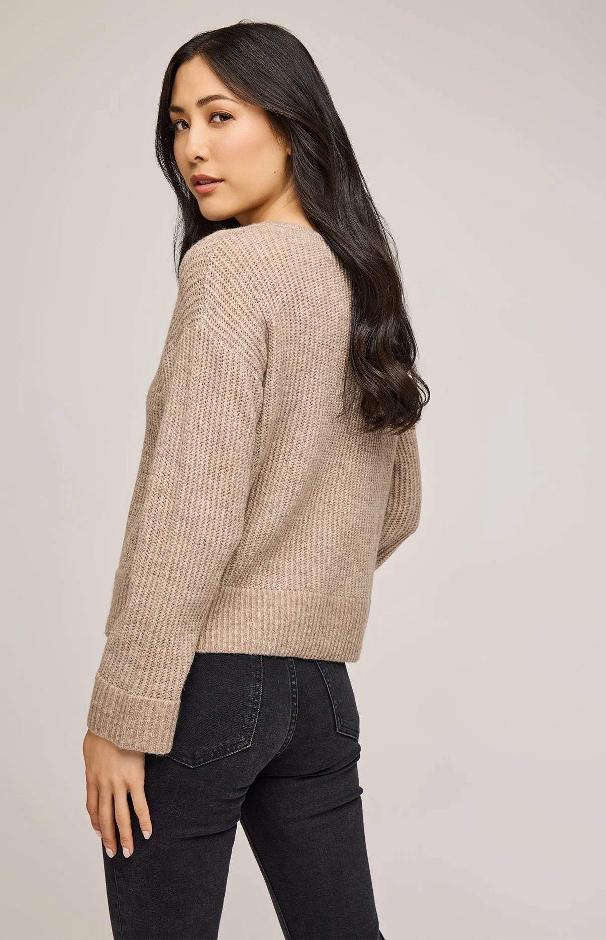 Gentle Fawn's Ambrose Sweater in the color Heather Taupe, featuring drop shoulders