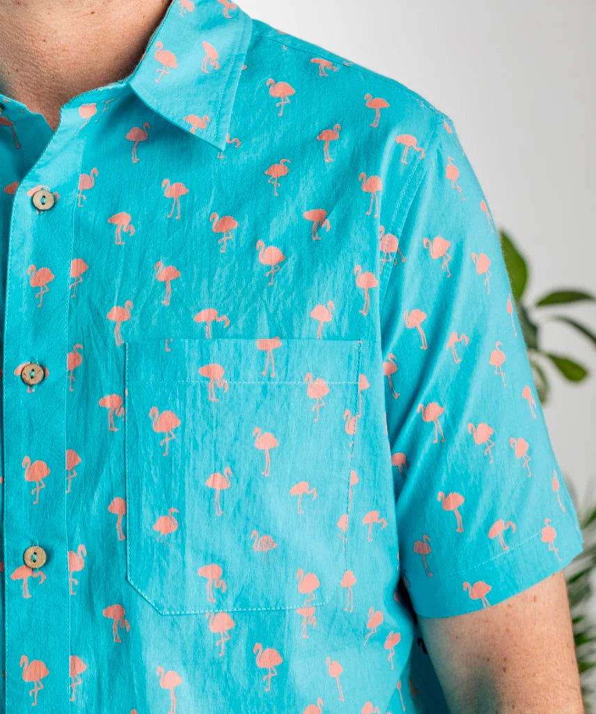 Design detail on the Flamingo Short Sleeve Button Up Shirt by One World Brothers